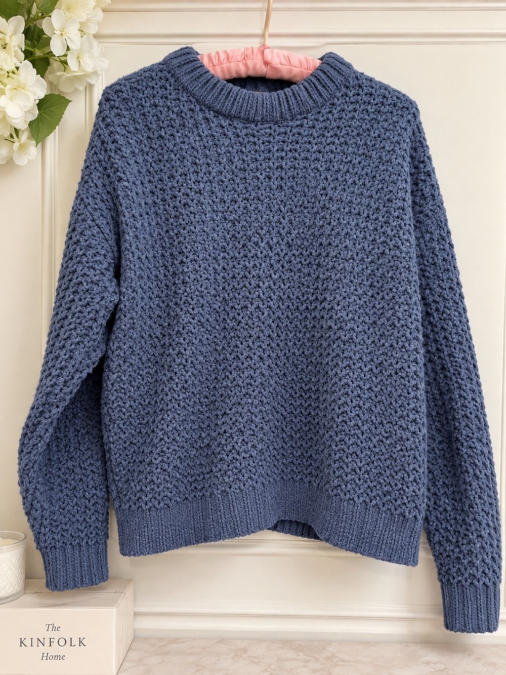 POL Textured Knit Crew Neck Sweater Blue Size Medium